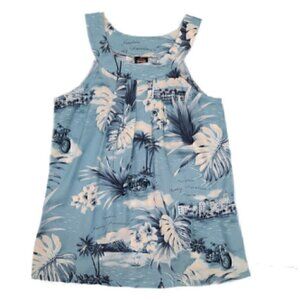 Harley-Davidson Coastal Aloha Blouse Size M Blue U-Yoke Tank Top Made in USA